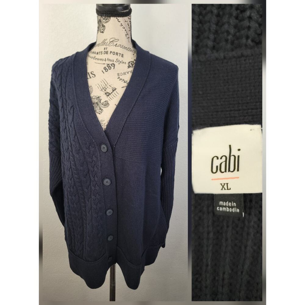 CAbi 6443 Textbook Cardigan Navy Blue Size XL Sweater Preppy Chunky Cable